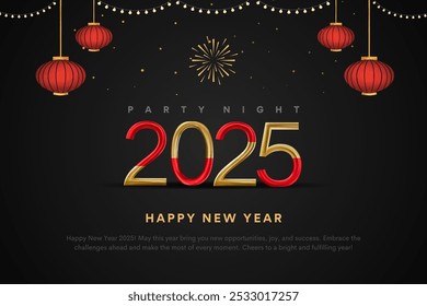 2025 dourado e vermelho no fundo escuro de Ano Novo com fogos de artifício e lanterna. Festa de Ano Novo. Fogos de artifício dourados no céu escuro da noite. Ano novo chinês 2025