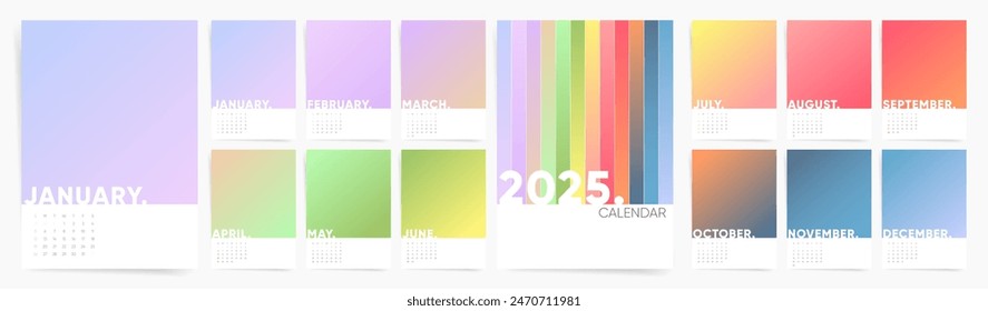 Plantilla de calendario de escritorio de degradado 2025 - planificador mensual colorido y mínimo con diseño creativo, cuadrícula de Vertical A4 editable para pared, mesa o uso empresarial - conjunto de enero a diciembre.	