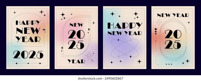 2025 gradient New Year greeting posters set. Aesthetic poster collection in trendy minimalist line style. Christmas vector aesthetic.