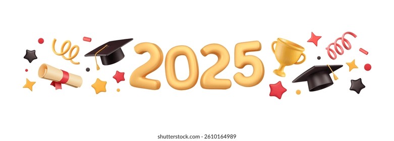 2025 graduation border with 3d elements. Congratulations banner with confetti in plastic style, winner cup, student hat, diploma and stars. Celebration event ribbon with numbers. Vector illustration.