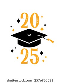 2025 Graduation print, greeting card, poster. Vector flat illustration. Black color academic cap and golden 2025 numbers on white background. Mortarboard graduate symbol