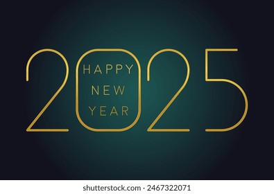 2025 graphic with text: Happy new year, dark and green background.