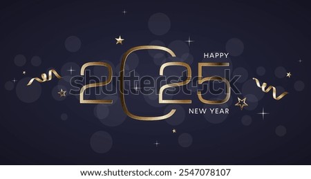 2025 greeting card, gold numbers, stars and ribbons