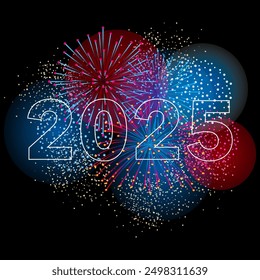 2025 - greeting card with new year numbers superimposed on multi-colored fireworks.