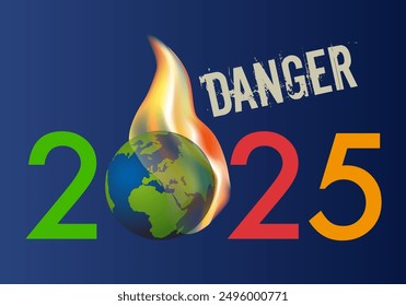 Tarjeta de felicitación 2025 sobre el tema del medio ambiente y la lucha contra el cambio climático con el símbolo de la tierra en llamas.