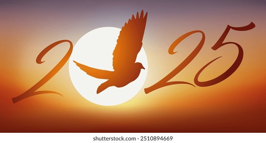 A 2025 greeting card symbolizing freedom and peace in the world, with a dove taking flight in front of a sunset as a sign of hope.