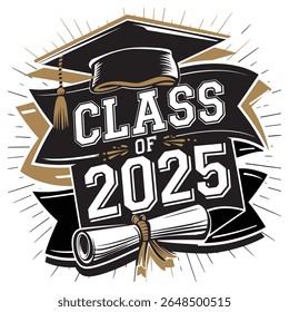 2025 greeting sign, featuring an academic cap and diploma. Congratulations to the graduates! Celebration banner decorated with handwritten brush lettering - isolated vector text for cards and posters.