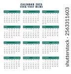 2025 Gregoria Calendar, Hijri 1446 1447 Calendar Template Vector Illustration. Clear layout with Islamic months and key dates highlighted. Perfect for personal, office, or digital use.