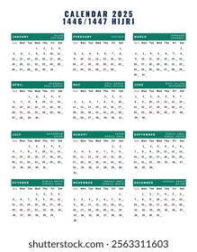 2025 Gregoria Calendar, Hijri 1446 1447 Calendar Template Vector Illustration. Clear layout with Islamic months and key dates highlighted. Perfect for personal, office, or digital use.