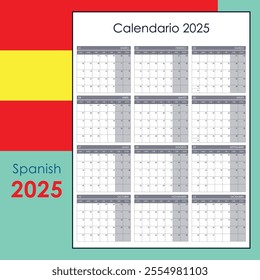 2025 grid calendar in Spanish. Vertical wall planner featuring blank space for notes.