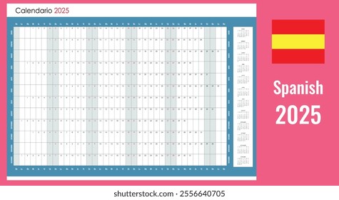 2025 grid calendar, wall planner organizer in Spanish, annual one page with copy space