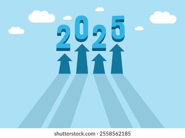  2025 Growth Concept - Arrows pointing upward to represent progress, success, and growth for the year 2025, set in a modern blue-sky design with dynamic shadows.