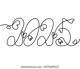 2025 hand drawn continuous line lettering with decorative hearts and flowers. Greeting template idea