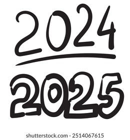 2025 Hand Drawn Vector Numbers, Chinese New Year Calligraphy Sketch Calendar Design. Doodle Greeting Card, Scribble Handdrawn Brush Font, Freehand 2025 Typography Graphic Element