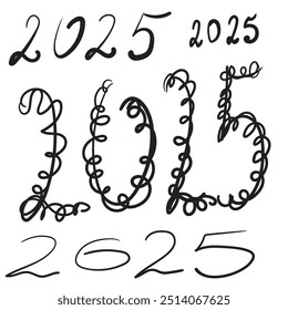 2025 Hand Drawn Vector Numbers, Chinese New Year Calligraphy Sketch Calendar Design. Doodle Greeting Card, Scribble Handdrawn Brush Font, Freehand 2025 Typography Graphic Element