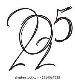2025 Números De Vetor Desenhados À Mão, Projeto De Calendário De Esboço De Caligrafia De Ano Novo Chinês. Cartão de saudação Doodle, Scribble Handdraw Brush Font, Freehand 2025 Tipografia Elemento Gráfico