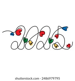 2025 hand lettering concept one continuous line with decorative hearts, flowers and colorful shapes