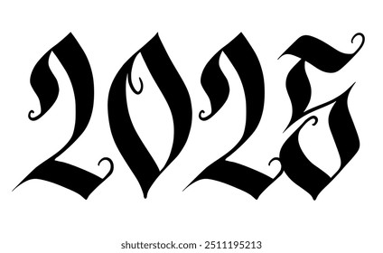 2025 hand writing for the new year greeting card. Calligraphic numbers in gothic style in black and white. Hand-drawn vector design illustration. 