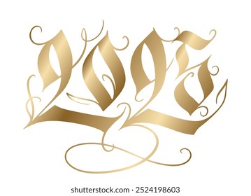 2025 hand writing for the new year greeting card. Calligraphic numbers in gothic style in golden isolated over white. Hand-drawn vector design illustration. 