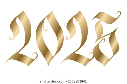 2025 handschriftlich für das neue Jahr Grußkarte. Kalligraphische Zahlen im gotischen Stil auf Golden, einzeln auf Weiß. Handgezeichnete Vektorgrafik. 