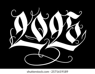 2025 hand writing for the new year greeting card. Calligraphic numbers in gothic style in black and white. Hand-drawn vector design illustration. 