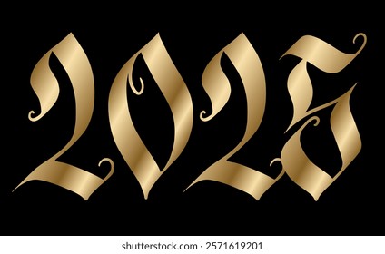 2025 hand writing for the new year greeting card. Calligraphic numbers in gothic style in golden isolated over black. Hand-drawn vector design illustration. 