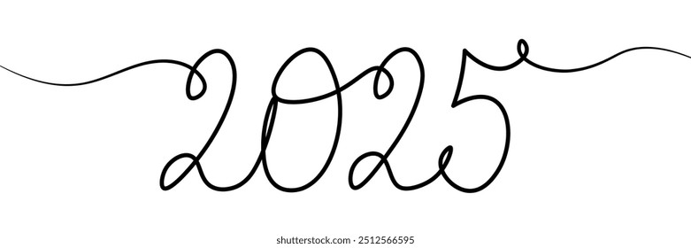 2025 manuscrito em cursivo elegante com linhas onduladas isoladas em um fundo transparente. Representa o conceito do ano seguinte, 2025. Ilustração vetorial de arte de linha