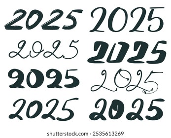 2025 handwritten set. Lettering New Year date. Ink bunch hand drawn number, vector graphic, clip art