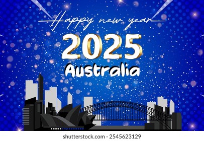 2025 feliz austrália novo ano modelo banner com efeito de texto 3d moderno e brilho bonito luxo brilhante ornamento abstrato gradiente azul plano de fundo design 06