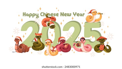 2025, Feliz Año Nuevo Chino. Lindas mascotas de serpiente, felices vacaciones en China. Animales CNY. Asiático oriental tarjeta de felicitación festiva, diseño de postal. Ilustración vectorial plana aislada sobre fondo blanco