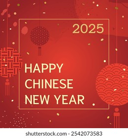 2025, feliz año Nuevo chino, Vector año Nuevo Plantilla de tarjeta postal cuadrada con texto sobre un fondo rojo de Premium con oro.