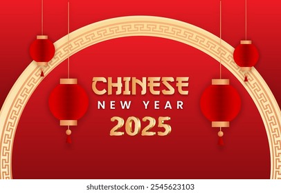 2025 happy chinese new year template banner with modern 3d text effect and beautiful sparkle luxury shiny ornament abstract gradient red background design 01