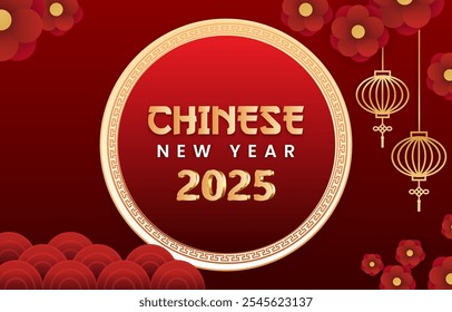 2025 happy chinese new year template banner with modern 3d text effect and beautiful sparkle luxury shiny ornament abstract gradient red background design 02