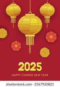 2025 Happy Chinese New Year Poster Design with Golden Lanterns Hang and Flowers Decorated on Red Background.