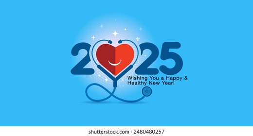 2025 happy and healthy new year wishing card. Health care concept.