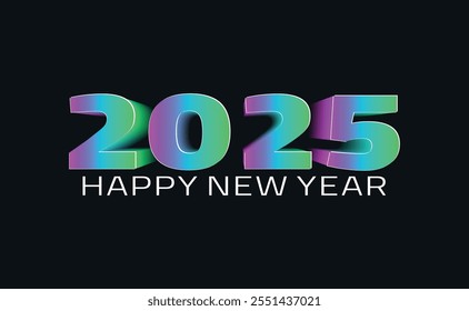 2025 Feliz Ano Novo 3d logotipo texto design em fundo preto, modelos elegantes textos planos modernos números, confete, cartão, personagem, holograma, tradição, fonte, mínimo, saudação, 2025, ano mais próximo