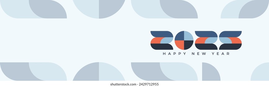 2025 Happy New Year Abstract banner design in retro style made of various geometric shapes in perfect colors. Landing Page. Brochure. Card. Template.