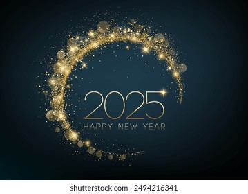 2025 Happy New Year Abstract shiny Gold glitter wave with Bokeh design element