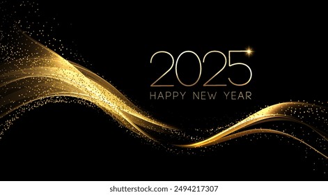 2025 Happy New Year Abstract shiny Gold glitter wave with Bokeh design element