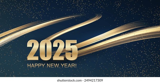 2025 Happy New Year Abstract shiny Gold glitter wave with Bokeh design element