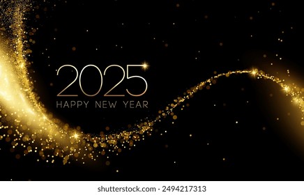 2025 Happy New Year Abstract shiny Gold glitter wave with Bokeh design element