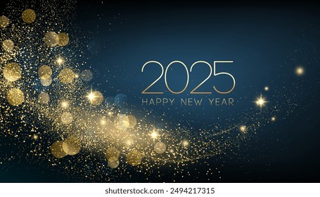 2025 Happy New Year Abstract shiny Gold glitter wave with Bokeh design element