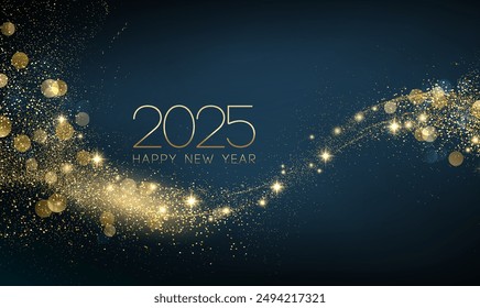 2025 Happy New Year Abstract shiny Gold glitter wave with Bokeh design element