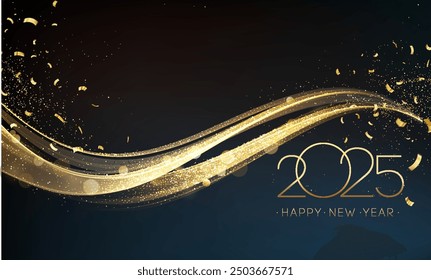 2025 Happy New Year Abstract shiny Gold glitter wave with Foil Confetti design element