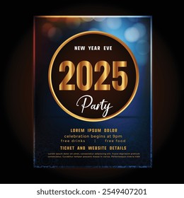 2025 Happy New Year Abstract shiny Gold glitter wave with Bokeh design element