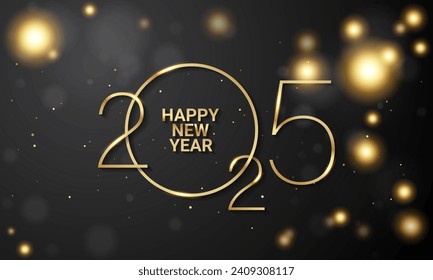 2025 Happy New Year Background Design. Golden 2025 Happy New Year Lettering on Black Background. Vector Illustration.