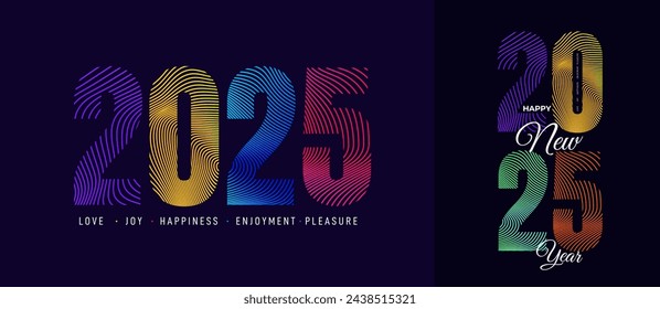 2025 Happy New Year Background Design. Trend Colorful and Trendy New Year 2025 Design Template. Vector Illustration. Numbers logo 2025 consisting colored of lines.