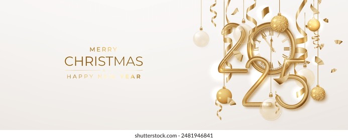 2025 Happy New Year background with golden numbers and Christmas decoration with shiny lights. Holiday greeting card