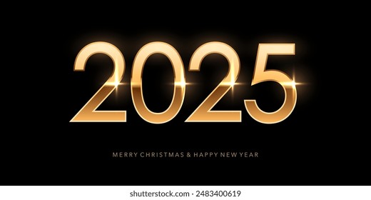 2025 Happy New Year background. Greeting card with gold numbers template. Festive Christmas horizontal social media banner design with congratulations. Realistic vector illustration on black.