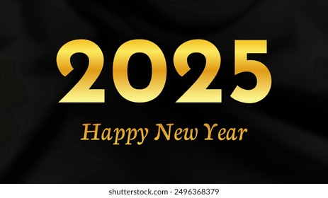 2025 Happy New Year background.  Modern greeting banner template with gold 2025 New Year numbers on crumpled dark silk background. Vector illustration